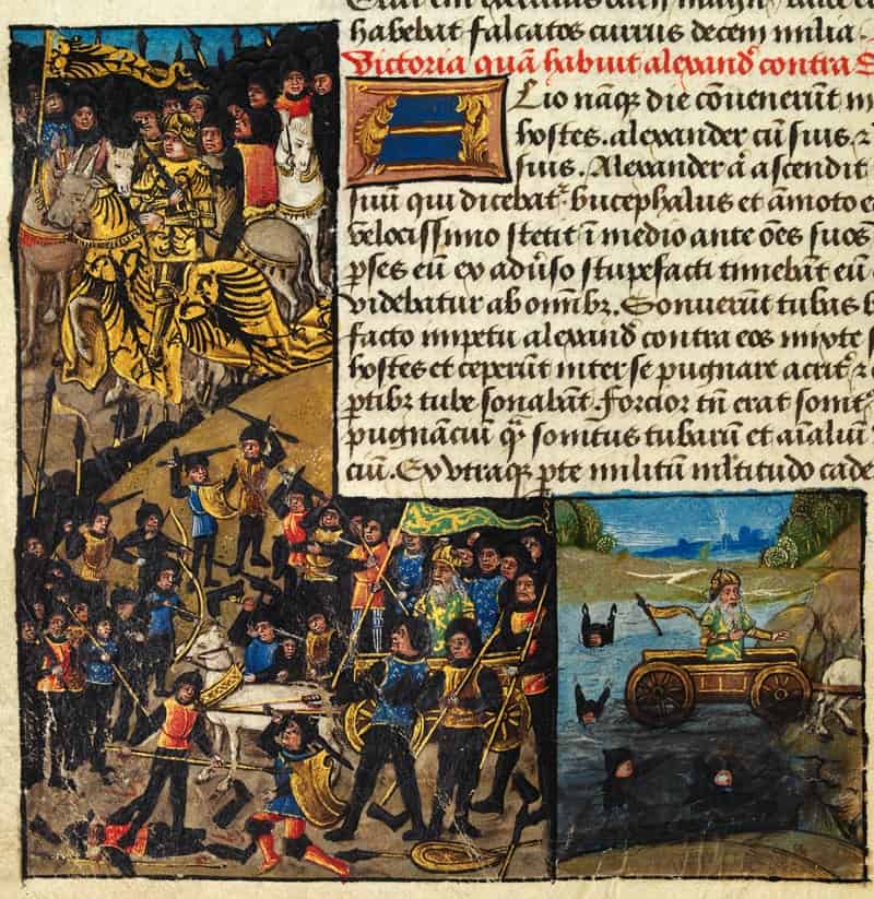 15th century Flemish illumination depicting Alexander the Great’s third victory over Darius