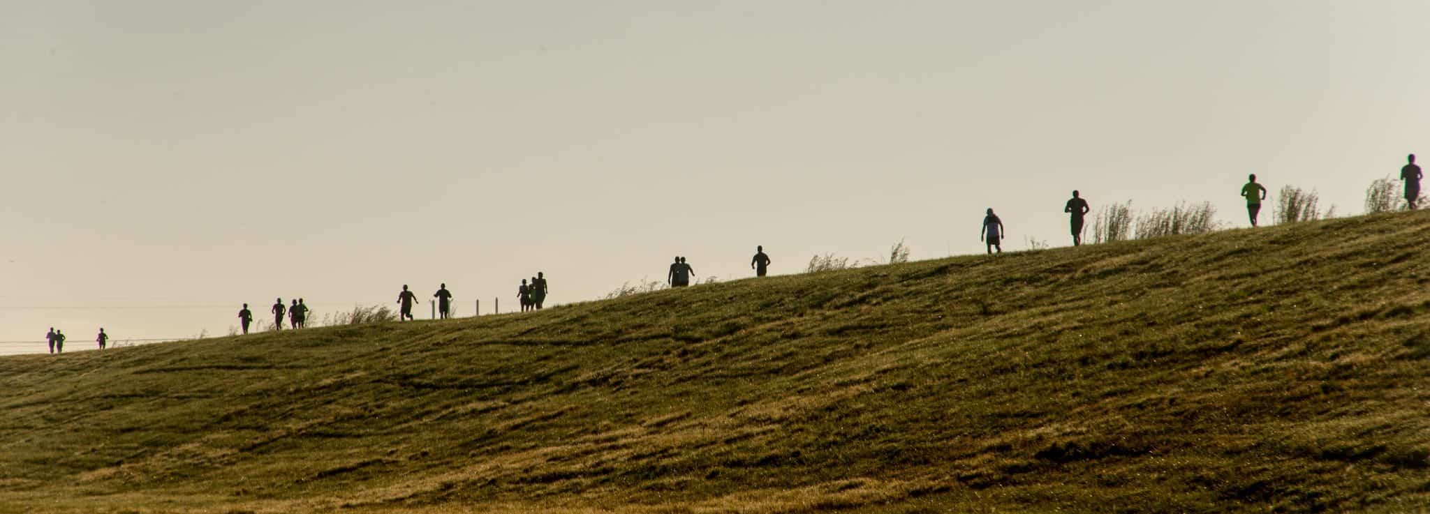 Image of about twenty ultra marathon participants running over a hill