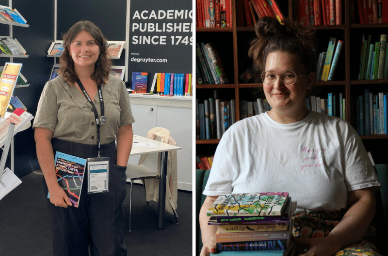 Left side: Christene Smith stands smiling in front of a conference table, holding the book "Chemistry of Atomic Layer Deposition" in her hands. Right side: Charlott Schönwetter sits smiling in front of a colorful bookshelf, holding a stack of books in her hands. 