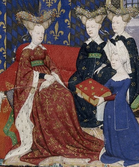  Detail of a presentation miniature with Christine de Pisan presenting her book to queen Isabeau of Bavaria. Illuminated miniature from The Book of the Queen