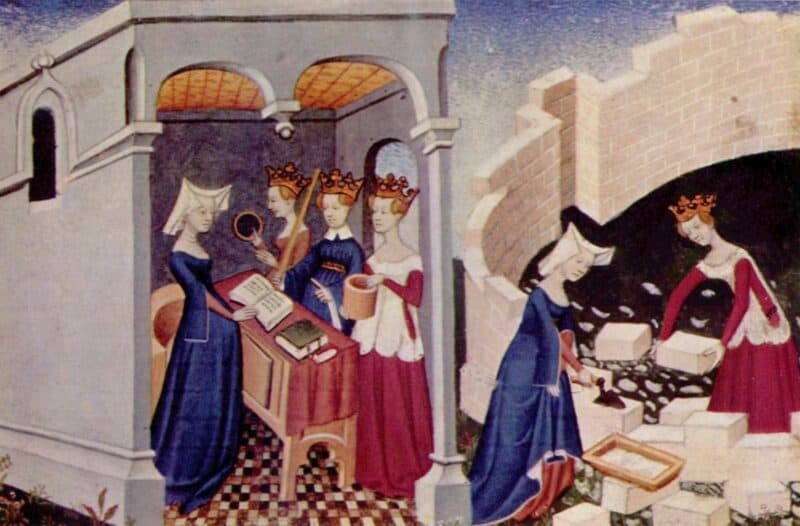 Illumination from The Book of the City of Ladies. Christine is shown before the personifications of Rectitude, Reason, and Justice in her study, and working alongside Justice to build the 'Cité des dames'.