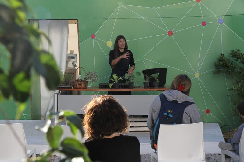 A brown-haired woman stands behind a table on top of which are several green potted plants. She is gesturing and speaking to an audience which we can see partly in the backview.