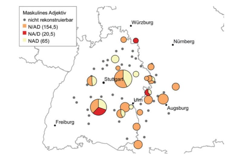 A map of the studied area with the cities of Würzburg, Nuremberg, Stuttgart, Ulm, Augsburg, and Freiburg. Dots and pie charts visualize the collected data.