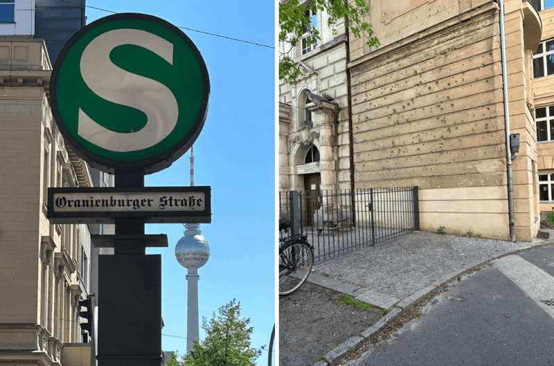 Left: S-Bahn stop on Oranienburger Straße, with the TV tower in the background. Right: Battle damage near Sophienkirche