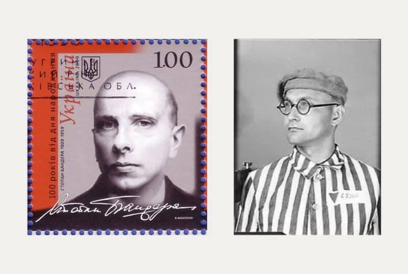 Left: Stepan Bandera on a modern Ukrainian stamp. Right: Lew Rebet.