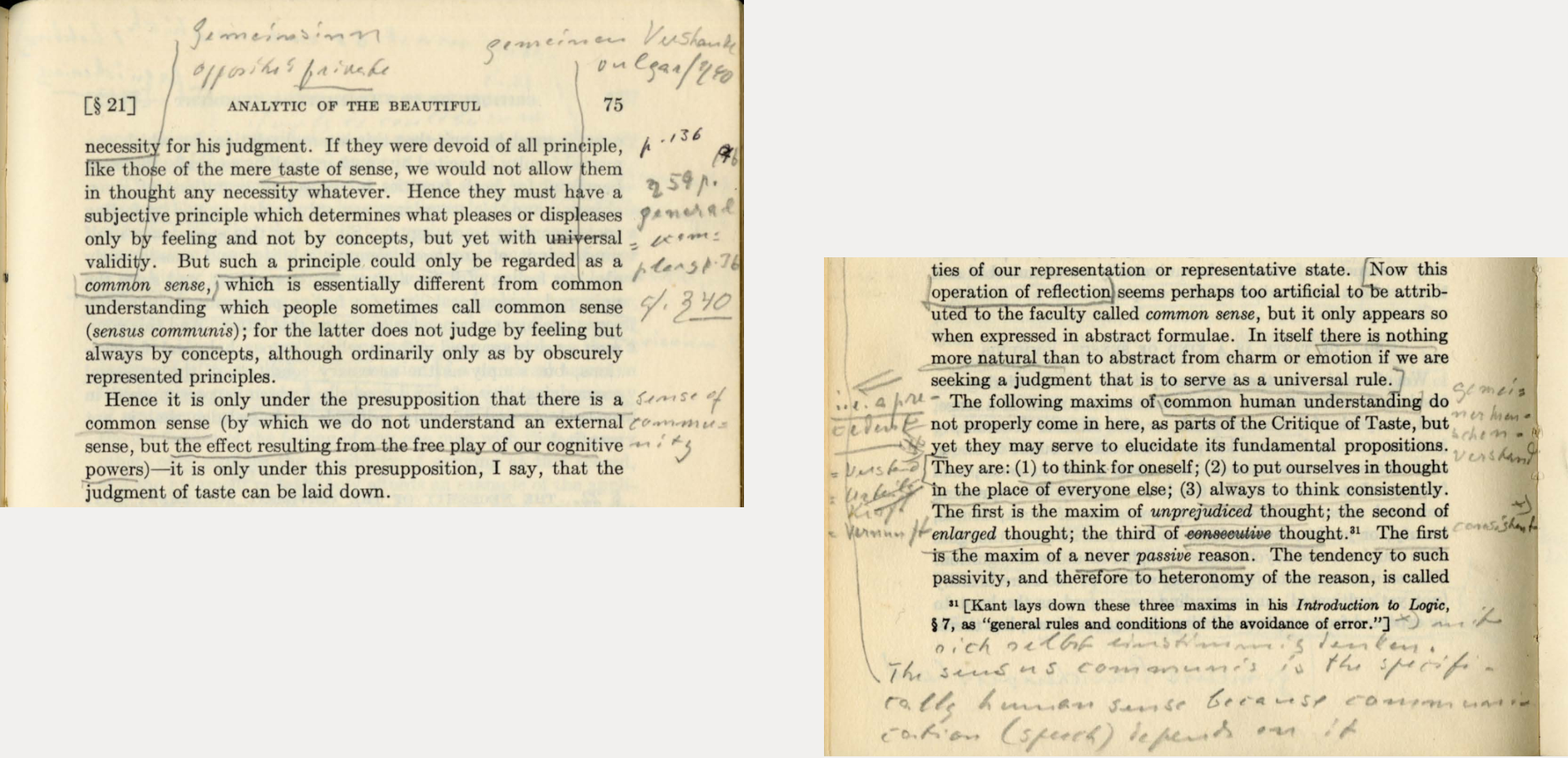 Arendt’s copy of Kant’s Critique of Judgement with notations; Hannah Arendt Personal Library (Stevenson Library, Bard College, Annandale-on-Hudson, NY/USA) ©Stevenson Library, Bard College, Annandale-on-Hudson, NY/USA.