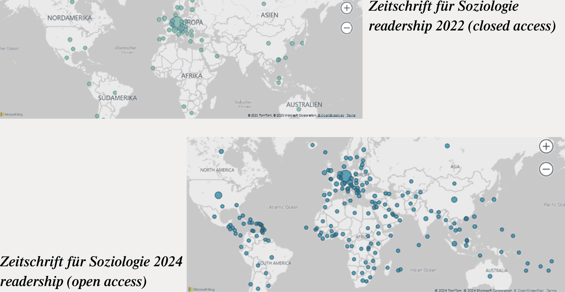 Composite graphic shows the global readership of Zeitschrift für Soziologie. There are two world maps showing readership in different locations, with green bubbles of varying size indicating how large the readership is in particular locations. The maps show readership in 2022 and 2024, demonstrating the growth in readership after the journal became open access through Subscribe to Open.