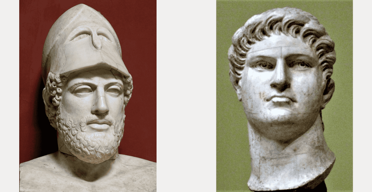 Composite image of the busts of Pericles (left) and Nero (right).