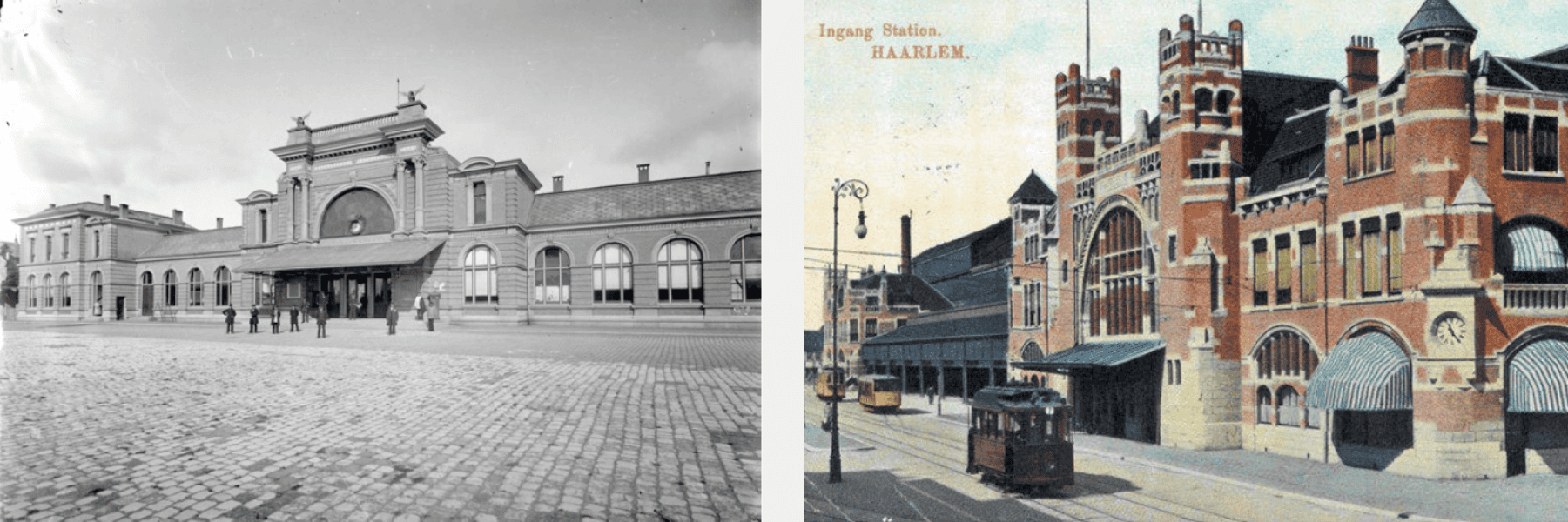 Composite picture: on the left is a black and white image of Leiden II Station in 1870. On the right is a colorised image of Haarlem Station's east entrance in 1908.