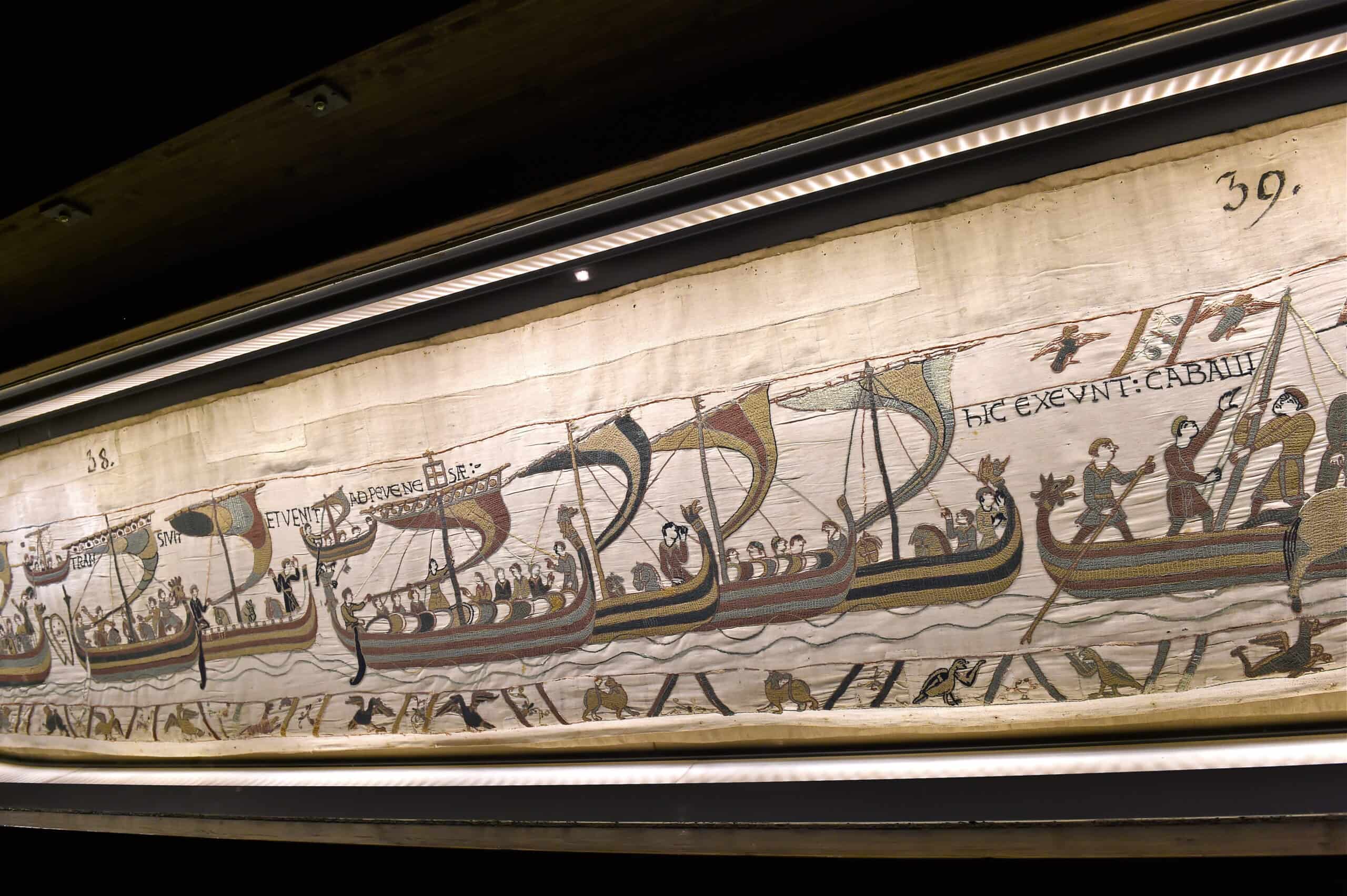 Segment of the Bayeux tapestry displaying several boats on sea