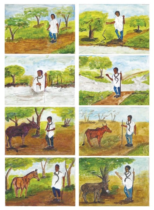 A collage of 8 drawn images showing a white-dressed man in a rural area interacting with different animals, such as a donkey and a horse. 