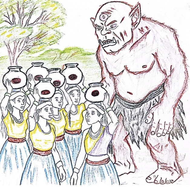 Drawing of a big, angry looking ogre looking down at a group of women who carry pots on their heads