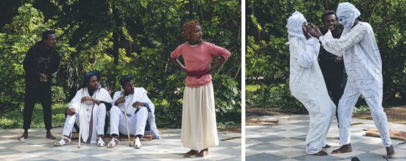 Scenes of a theater play. Left photo: three men and one woman looking to the side. Right photo: two white-cloaked persons in a hand-to-hand fight.