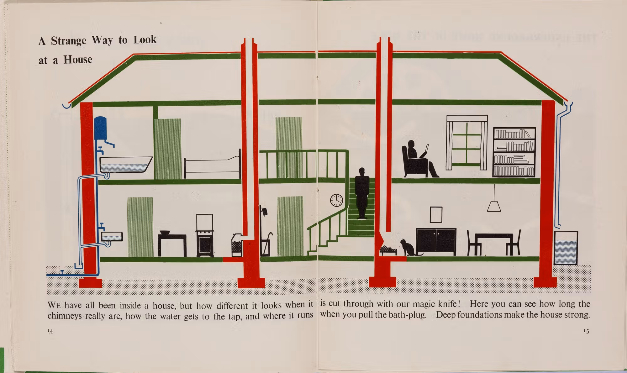 Drawn cross section of a house titled "A Strange Way to Look at a House"