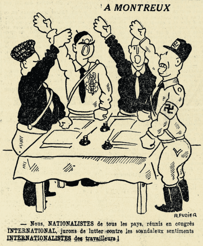 Sketch of four men standing around a table doing the Siegheil salute